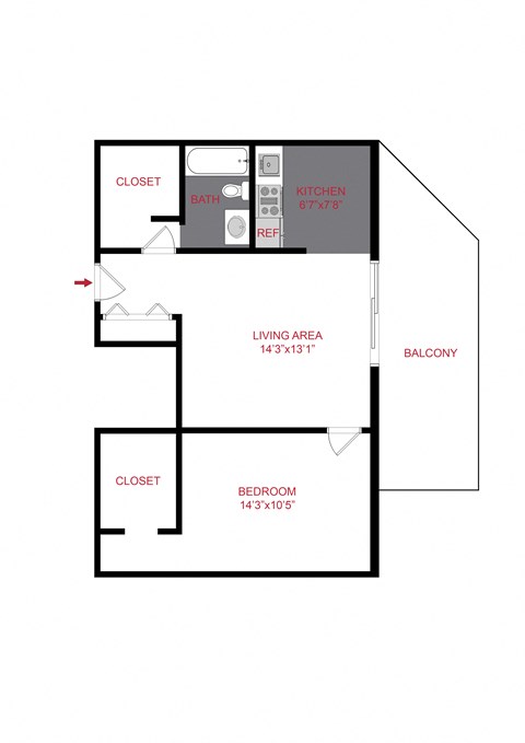 Floor plan for 1 bed, 1 bath, 690 sqft